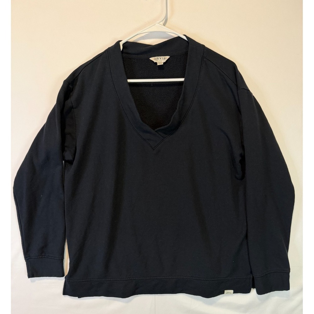 Orvis Sweatshirt Womens Medium Black Soft Fleece Pullover Sweater Top V Neck